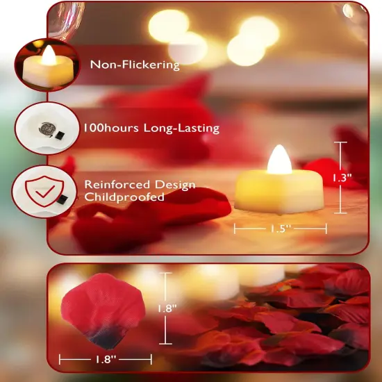 2000 Pcs Red Rose Petals with 24 Pcs LED Heart Candles Lights (Red Black) {2}