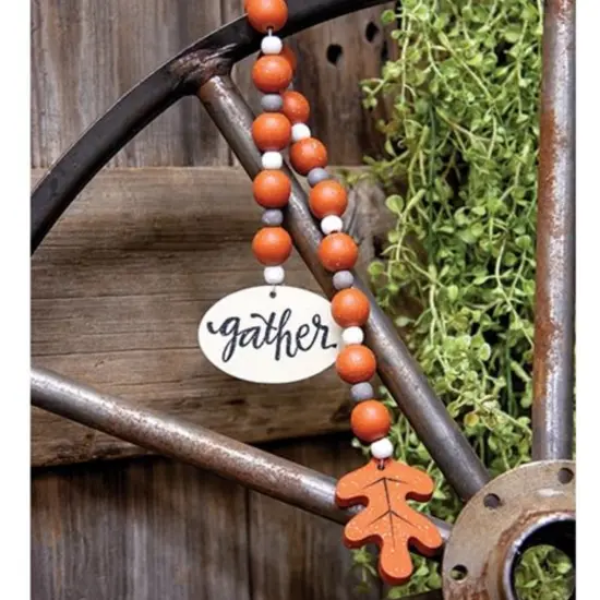 21&rdquo; Decorative Beaded Gather Tag with Painted Speckled Wood Beads and Leaf Cutout Shelf Accent {3}