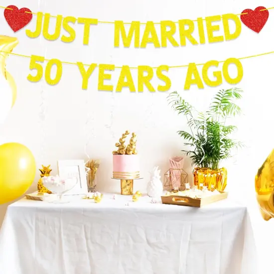50th Wedding Anniversary Party Banner Decorations, Gold Red Glitter {4}