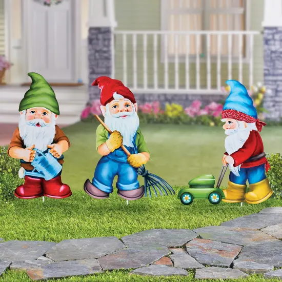 Collections Etc Gardening Gnomes Decorative Outdoor Metal Lawn Stakes {1}