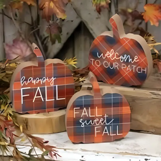 Orange Wood Fall Pumpkin Figurines with Plaid Pattern and White Lettering 3 Asstd. {5}