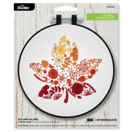 Bucilla Stamped Embroidery Kit W/6" Plastic Hoop-Autumn Foliage {1}