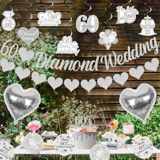 60th Diamond Wedding Anniversary Decorations, Glitter Banner, Cake Topper {4}