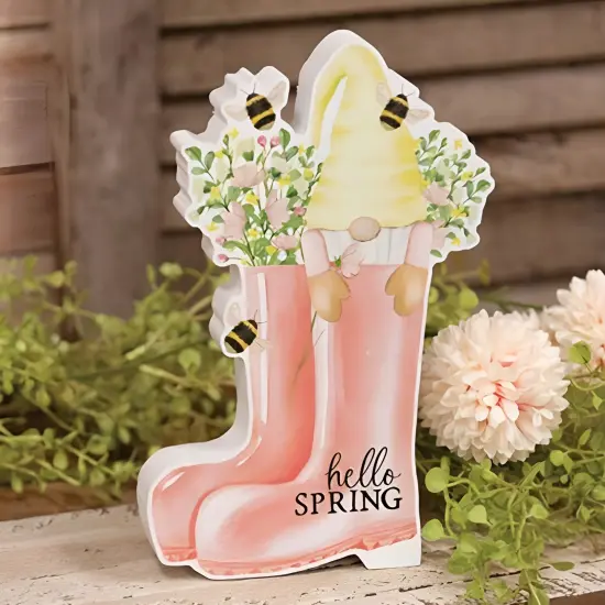 Hello Spring, Wooden Sitter &ndash; Pastel Pink Rain Boots with Floral Bouquet & Gnome {2}
