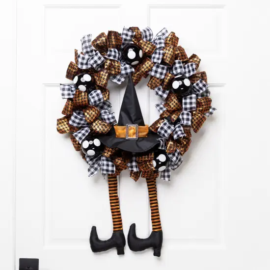 Northlight Witch with Bows and Ornaments Halloween Wreath - 24" - Orange and Black - Unlit {1}