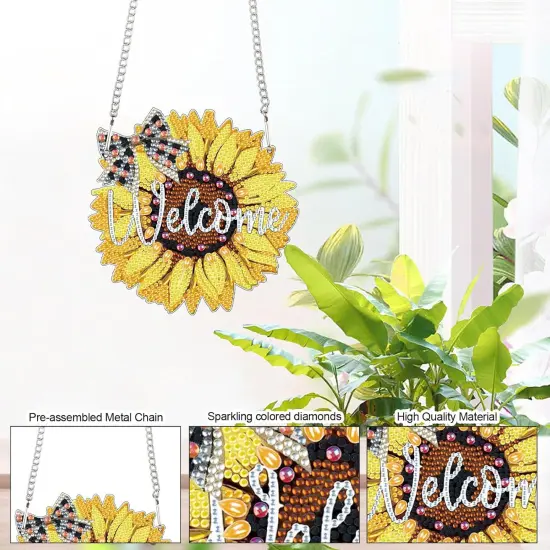 Diamond Art Painting Hanging Pendant DIY Welcome sunflower 5D Special Shape Crystal Diamond Art Partial Mosaic Making Craft Wreath Ornaments, Home wall decor window decoration Handmade Christmas Gift {4}