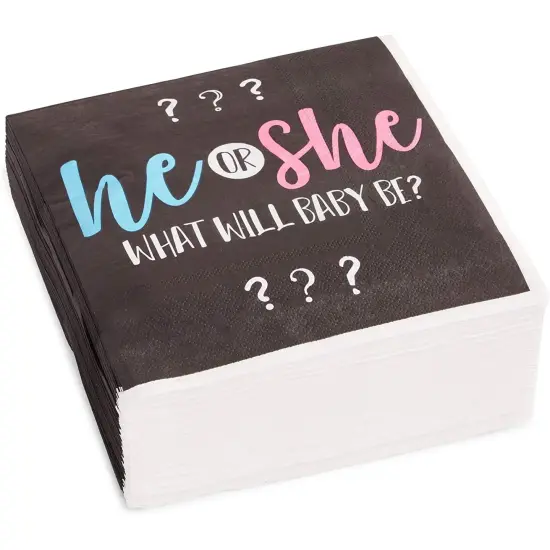 Gender Reveal Paper Napkins, He or She Party Supplies (6.5 x 6.5 In, 100 Pack) Multicolor {1}