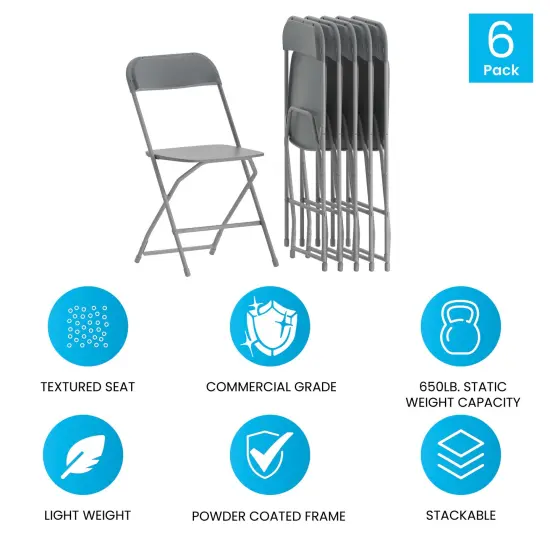 Emma and Oliver Set of 6 Stackable Folding Plastic Chairs - 650 LB Weight Capacity Grey {5}