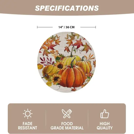Set of 4 Pumpkins Maple Leaves Vinyl Round Fall Placemats - 14 Inch (Beige) {5}