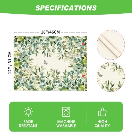 Set of 4 Eucalyptus Butterfly Summer Placemats - 12x18 Inch (Beige/Green) {5}