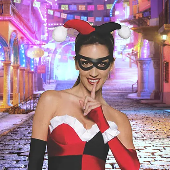 Womens Harley Quinn Costume with Dress Mask and Thigh High Stockings {4}