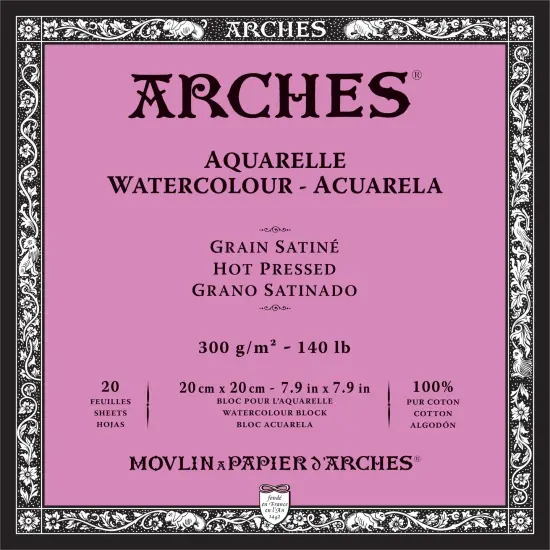 Arches Aquarelle Hot Pressed Watercolor Block 7.9"X7.9"- 140lb, 20 Sheets {1}