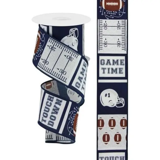 2.5" Football Block Pattern Ribbon: Navy/Silver (10 Yards) {4}