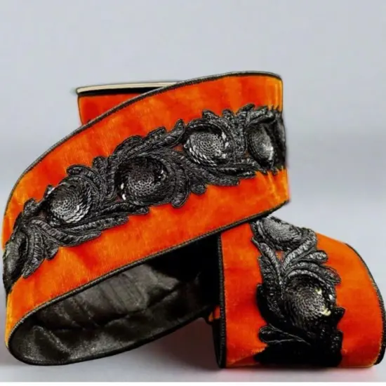 4" Velvet Black Floral Sequin Ribbon: Orange (5 Yards) {1}