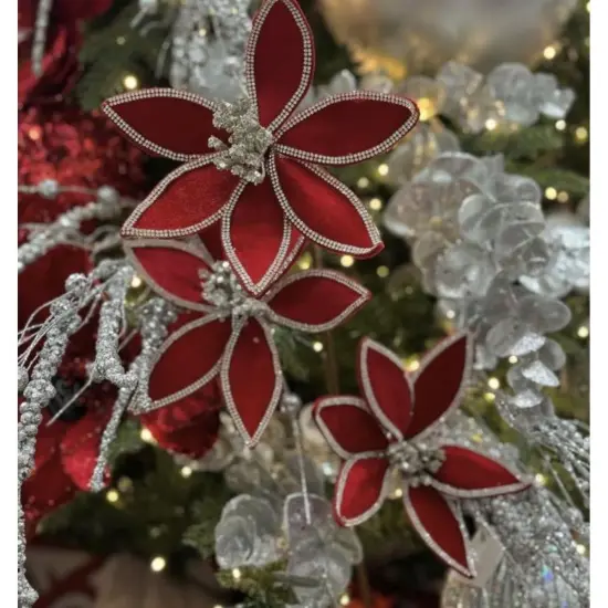 24" Triple Velvet Jewel Poinsettia Stem: Red {3}