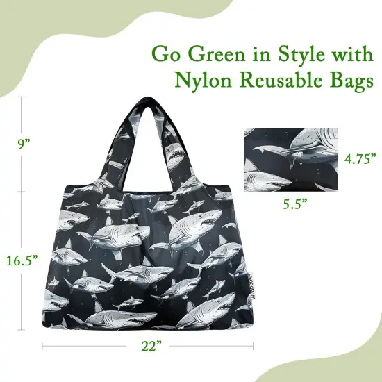Wrapables Large Foldable Tote Nylon Reusable Grocery Bags, Sharks in Black {2}