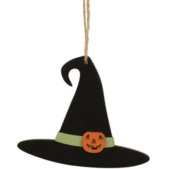 Halloween Witch Black Hat Ornament with Pumpkin Accent Rustic Wooden Hanging Jack O Lantern Sign {1}