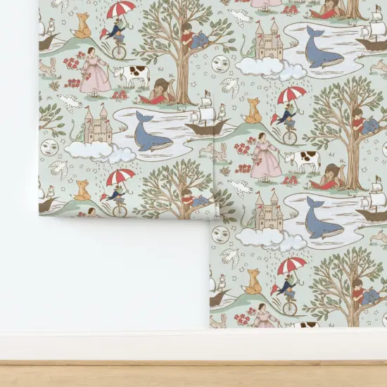 Pre-Pasted Wallpaper 2FT Wide Whimsical Fairytale Reading Story Time Storybook Children Toile Whale Frog Tree Pirate Ship Moon Stars Dragon Castle Clouds Fox Rabbit Bunny Custom Pre-pasted Wallpaper by Spoonflower {2}