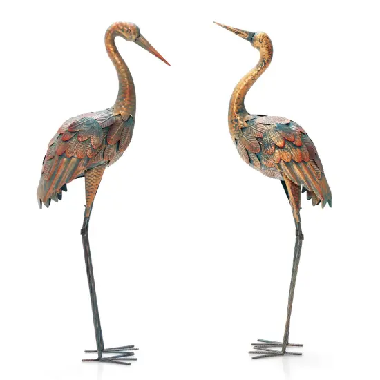 Set of 2 Crane Garden Statues Standing Metal Crane Sculptures Bird {3}