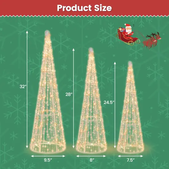 Costway Set of 3 Pre-lit Christmas Cone Trees Xmas Decoration with Star String & 90 Lights {3}