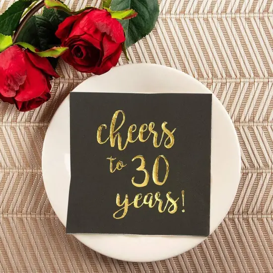 50 Pack Cheers to 30 Years Cocktail Napkins for 30th Birthday, Anniversary Party Supplies, 3-Ply, Black and Gold Foil (5 x 5 In) {4}
