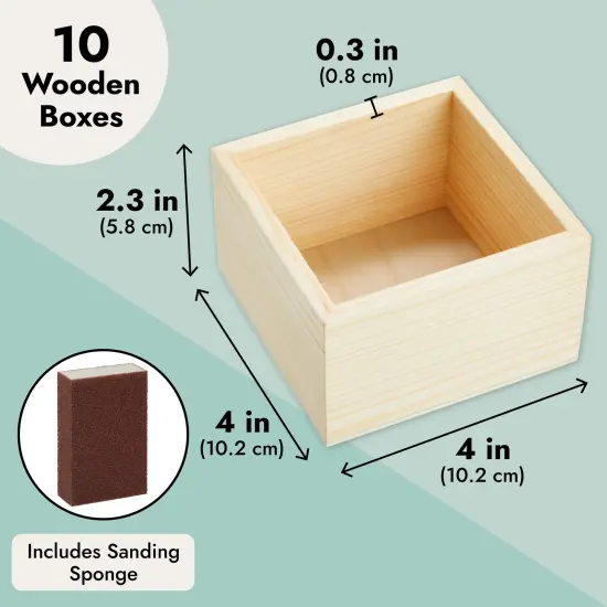 10 Unfinished Small Wooden Boxes for Crafts with 1 Sanding Sponge (4 In, 11 Pieces) Brown {3}