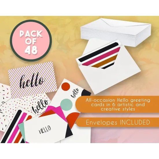 48 Pack All Occasion Hello Cards with Envelopes, Welcome and Thinking of You Greeting Note Cards, Blank Inside for Friends, Family, Teachers, Students (4x6 in) Multicolor {4}