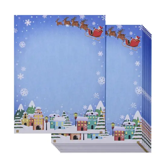 96 Sheet Christmas Stationery Paper for Writing Letters, 8.5x11 Printer Friendly Cute Santa in Sleigh, Snowflakes Letterhead, Festive Holiday Stationary Blue {1}