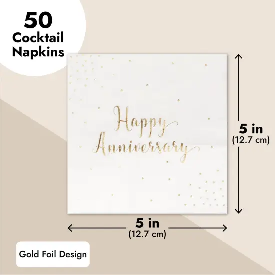 50 Pack Happy Anniversary Napkins, Gold Foil Cocktail Napkins for Wedding Anniversary, Party Decorations, Disposable (5 In) White {3}