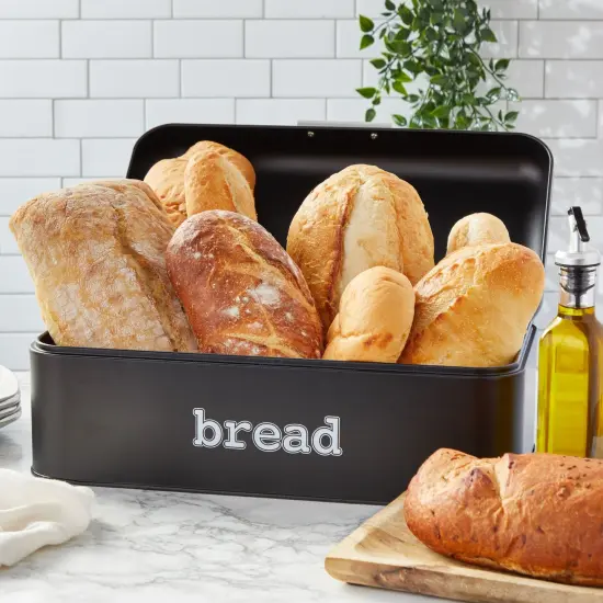 Stainless Steel Bread Box for Kitchen Countertop, Large Black Bin for 2 Loaves, English Muffins, Baked Goods Storage Containers (16.75x9x6.5 In) {2}