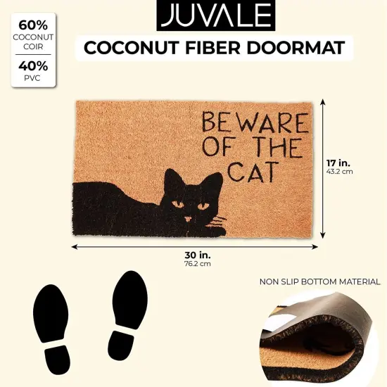 Cat Doormat for Outdoor Entrance, Beware of the Cat Coir Welcome Mat for Front Door (17x30 in) Brown {4}