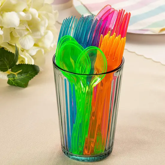 216 Piece Rainbow Plastic Silverware Set for Parties with Neon Forks, Spoons, Knives (Serves 54) Multicolor {5}