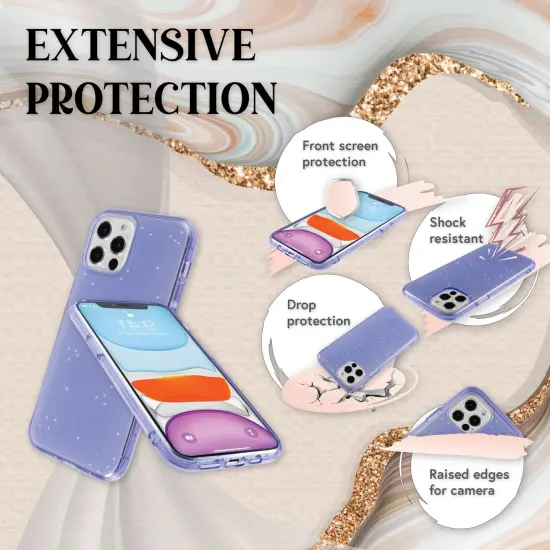 Insten Glitter Case Compatible with iPhone 12 Pro / iPhone 12 Case 6.1 Inch, Soft TPU Sparkle Protective Cases, Shock Absorption, Crystal Clear Purple Bling Shinny Slim Cover for Women Girls {2}