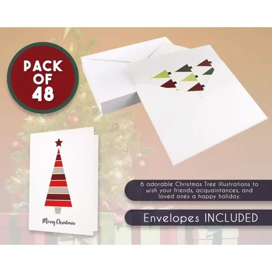 Sustainable Greetings 48 Pack Merry Christmas Cards with Envelopes, 4.5 x 6.25" Bulk Festive Holiday Assortment Greeting Cards for Xmas, 6 Funny Tree Designs White {4}
