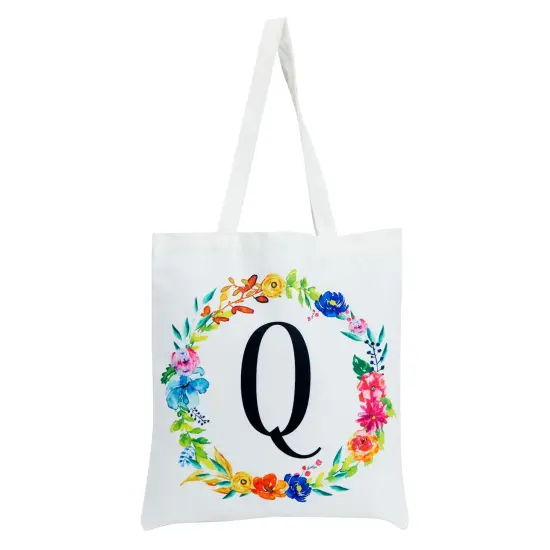 Set of 2 Reusable Monogram Letter Q Personalized Tote Bags for Women, Floral Design (29 Inches) White {5}