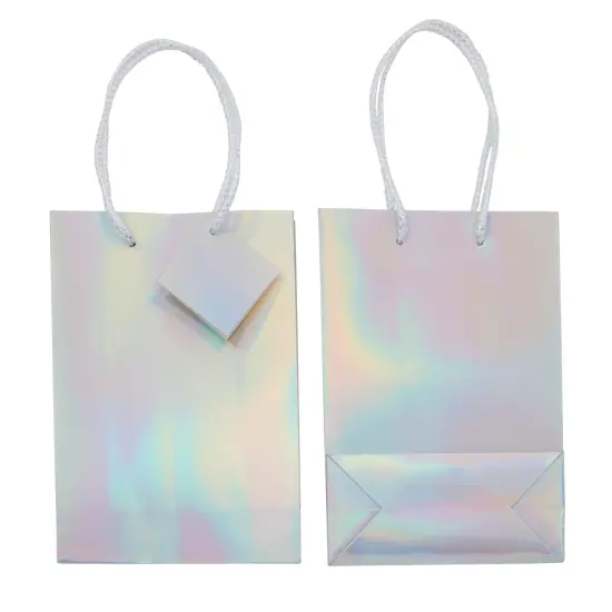 20-Pack Small Metallic Gift Bags with Handles, 5.5x2.5x7.9-Inch Paper Bags with Foil Coating, White Tissue Paper Sheets, and Tags for Small Business (Holographic) Silver {7}