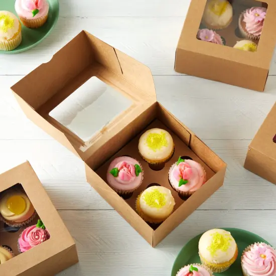 24 Pack Cupcake Containers with Windows, 6x6 Boxes with 4 Count Inserts for Muffins (Kraft Paper) Brown {2}