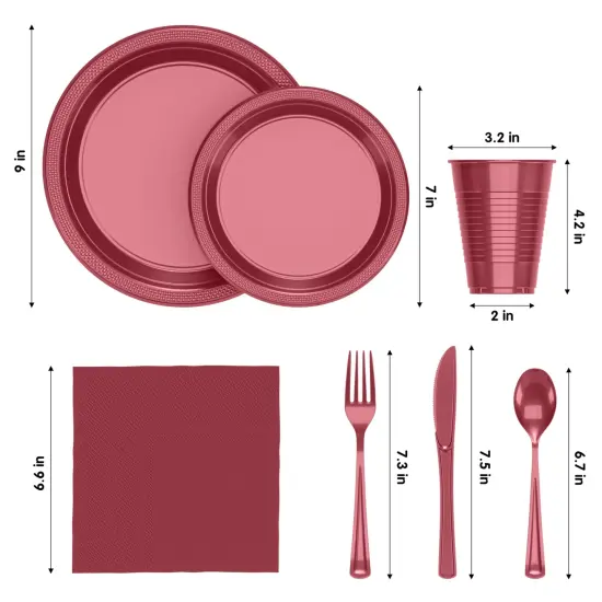 Exquisite 182 Pcs Plastic Plates for Party &ndash; Disposable Plates Set &ndash; 26 Each of 9" Dinner Plates, 7" Dessert Plates, Plastic Cups, Napkins & Plastic Cutlery &ndash; Plastic Dinnerware by Party Solids Burgundy {2}