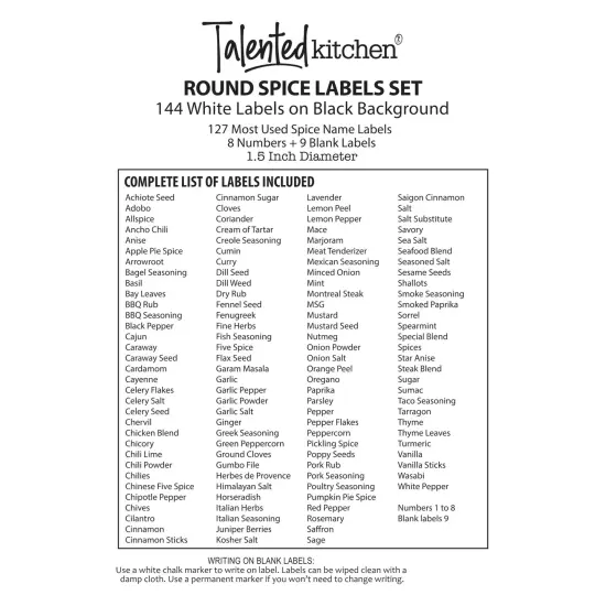 Talented Kitchen 144 Round Spice Label Stickers - Preprinted Chalkboard Seasoning Labels for Spice Jar Lids and Herbs Containers (White Print on Black Backing, 1.5 In) {5}