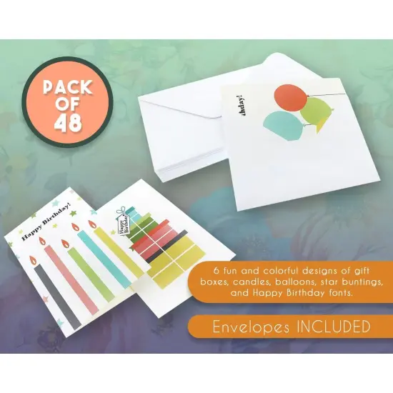 48 Pack Happy Birthday Cards Bulk with Envelopes - Blank Inside - 6 Colorful Designs for Work, Men, Women, Kids, Family, Friends (4x6 In) Multicolor {3}