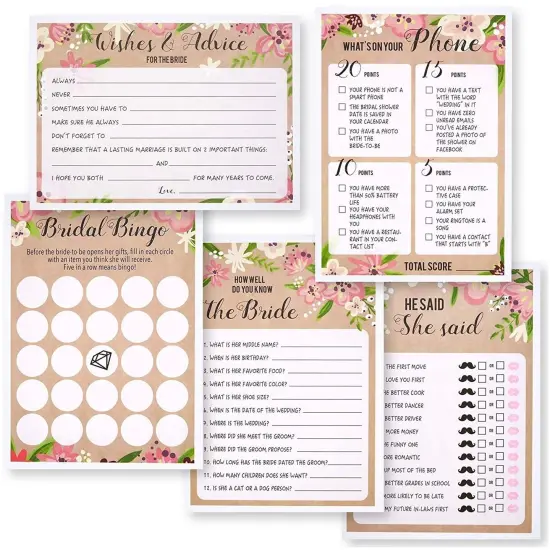 Set of 5 Bridal Shower Games for Engagement Celebrations, Bridal, Bachelorette, Anniversary, Wedding Party, Entertains 50 Guests {1}
