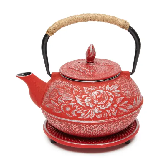 Cast Iron Teapot with Infuser - Japanese Tea Kettle, Loose Leaf Tetsubin with Handle and Trivet (Red, 3 Pcs, holds 27 oz, 800 ml) {7}