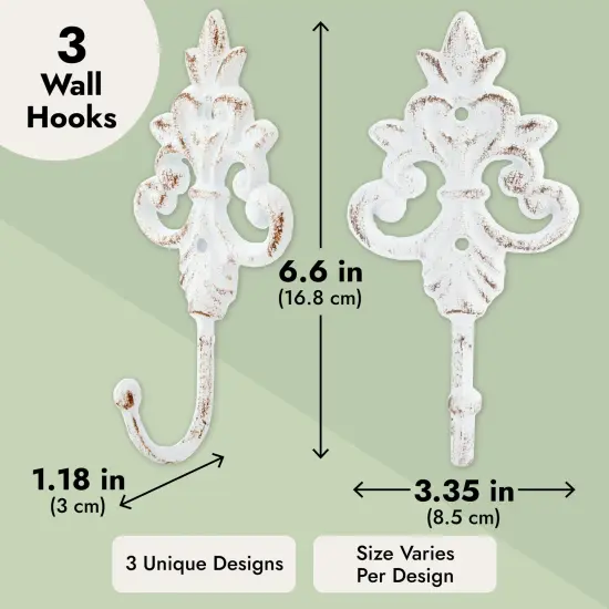 Set of 3 Cast Iron Wall Hooks, French Country Farmhouse Design, Includes Screws and Anchors (6.5 In, White) {3}