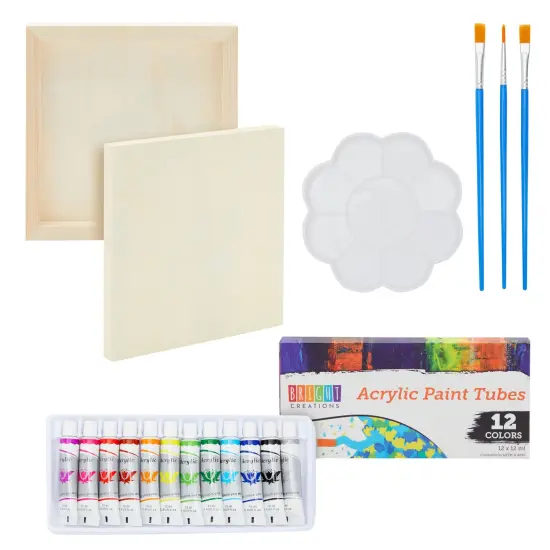 18-Piece 8x8-Inch Wooden Canvas Painting Set, 2 Natural Wood Panel Paint Boards with 12 Acrylic Paint Tubes, 3 Brushes, and 1 Plastic Palette for Crafting and Art Supplies White {1}