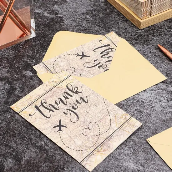 48 Pack Travel Thank You Cards with Envelopes, 4x6 Notecards with Airplane, Map, and Adventure Design (Brown) {3}