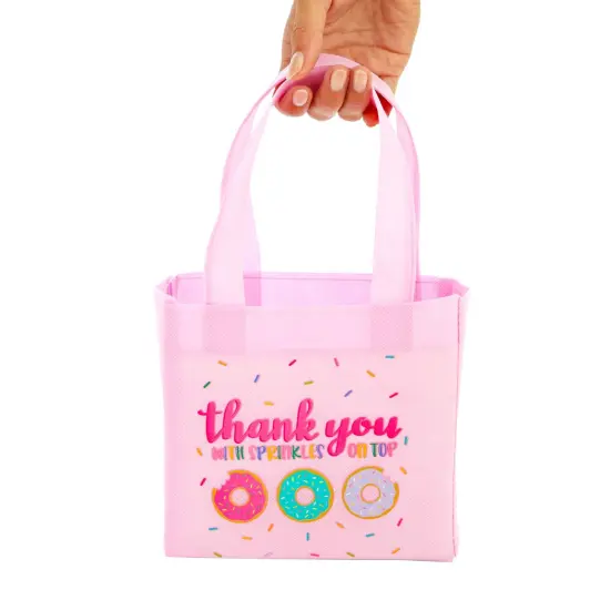 24 Pack Donut Goodie Bags - Pink Donut Theme Party Favor Totes for Girl's Birthday, Baby Shower, Special Event (6.5 x 7 x 2 In) {4}
