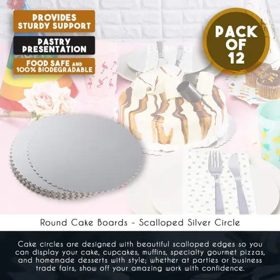 12 Pack 10 Inch Cake Board Base, Cardboard Scalloped Platters for Bakeries, Desserts (Silver) {4}