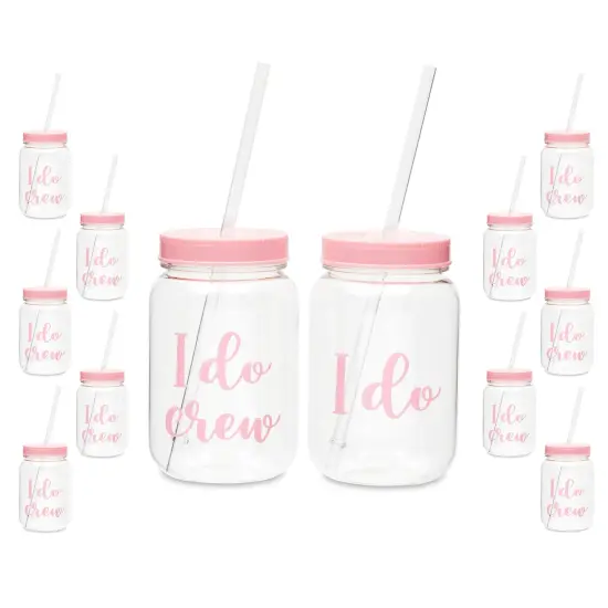 12 Pack "I Do Crew" Bachelorette Party Cups with Lids, Pink Bridal Shower Mason Jar Gifts (18 oz) {1}