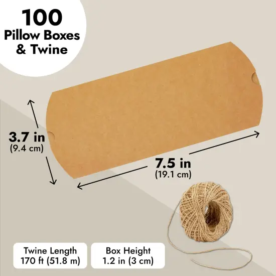 100-Pack Pillow Boxes with Jute Twine - Kraft Paper Pillow Box for Jewelry, Wedding Party Favor, Pen, Gift Card (7.5x3.7 In) {4}