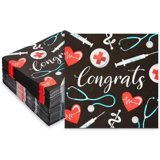 Nurse Graduation Napkins, Congrats Party Decorations (6.5 In, 100 Pack) Black {1}